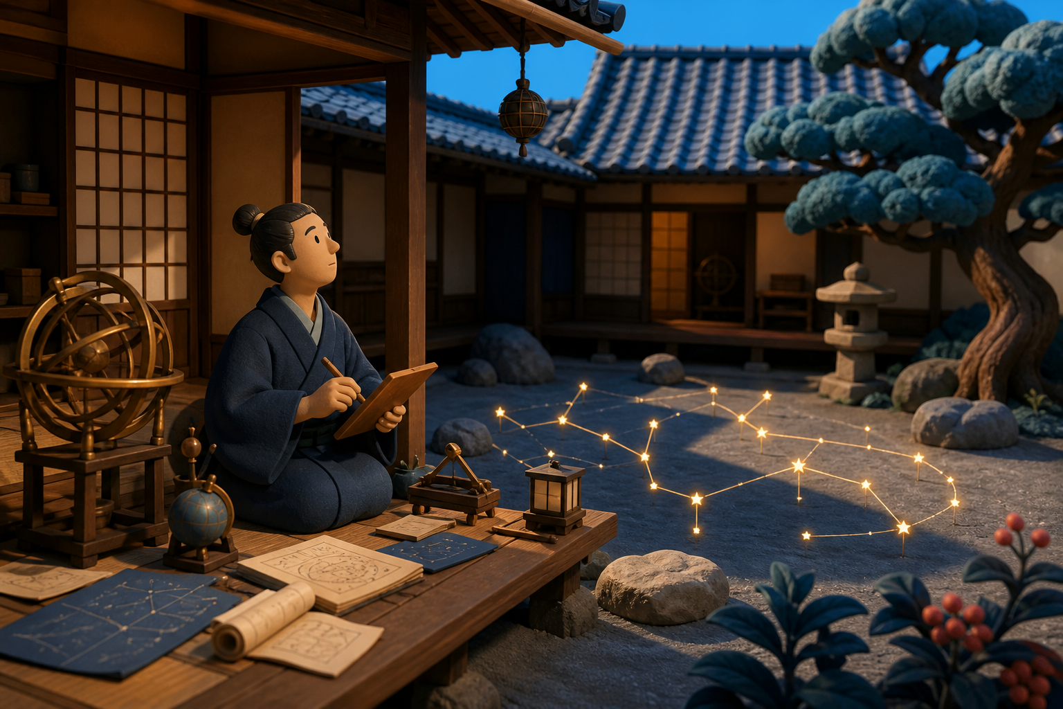 An Edo-period astronomer mapping a constellation that has descended into the garden, during ordinary work rather than a royal ceremony or battlefield. Wide narrative composition with period architecture guiding the eye. 