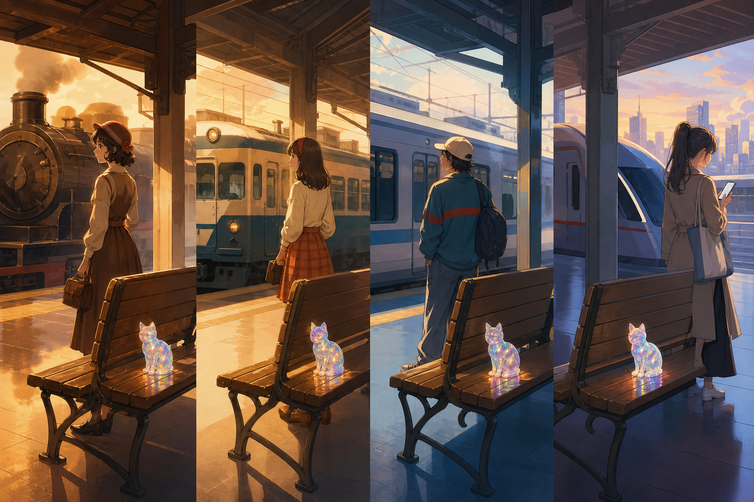 The same train platform shown across four decades in one continuous view, as one ordinary object remains unchanged across every era. Wide continuous scene divided naturally into several eras. Amber, walnut brown, rain bl