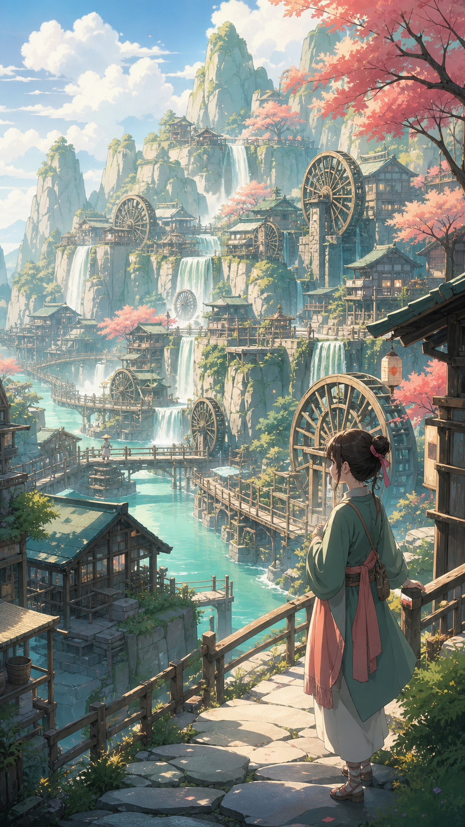A mountain village built around waterwheels of many sizes, in clear daylight with the route and destination both visible. Elevated route composition connecting several altitude levels. Celadon, coral pink, ink black, and