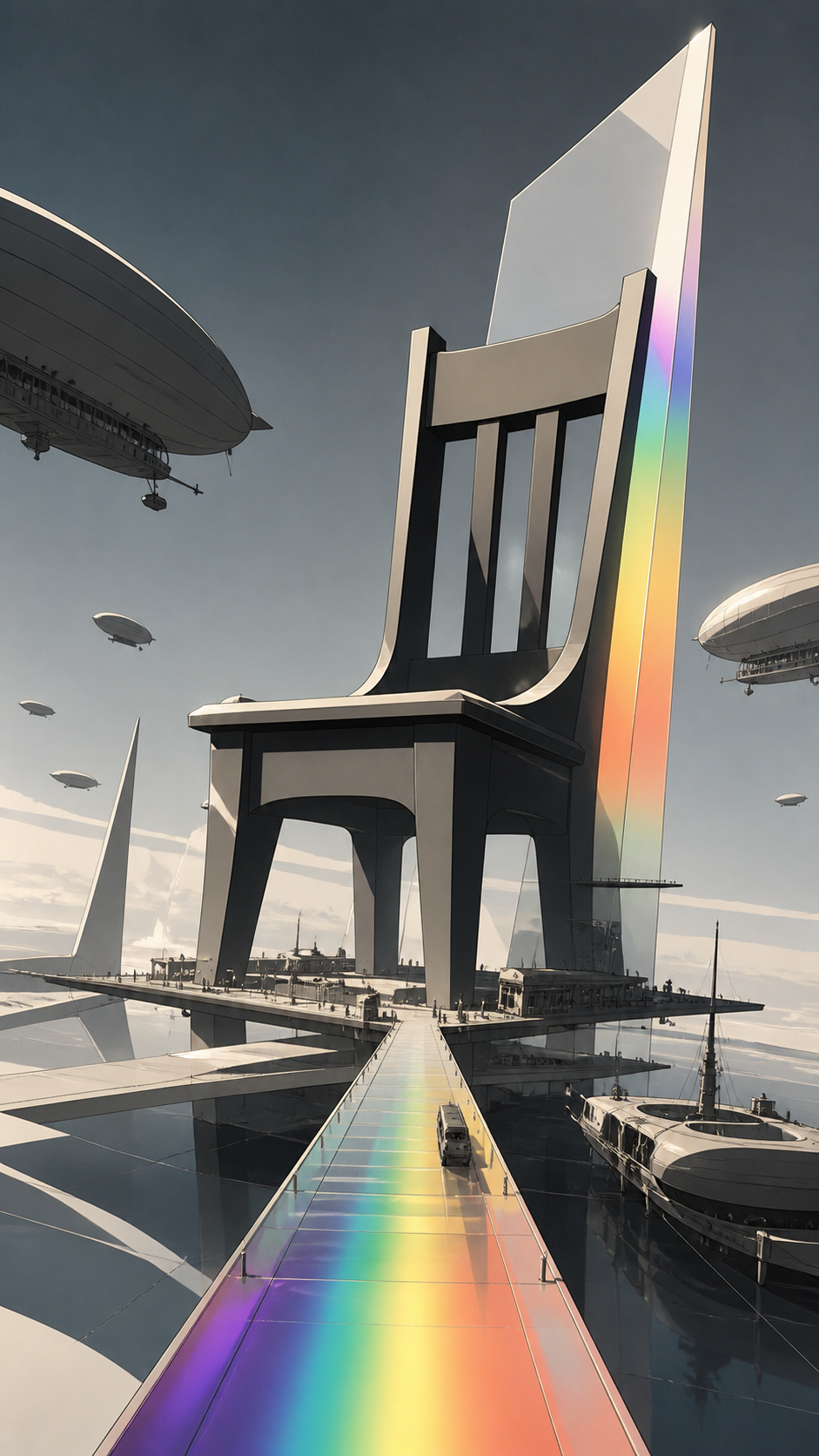 An enormous empty chair serving as a rest station for migrating airships, with a single journey providing a visual path through the scene. Extreme wide view organized around one unforgettable silhouette. Monochrome graph