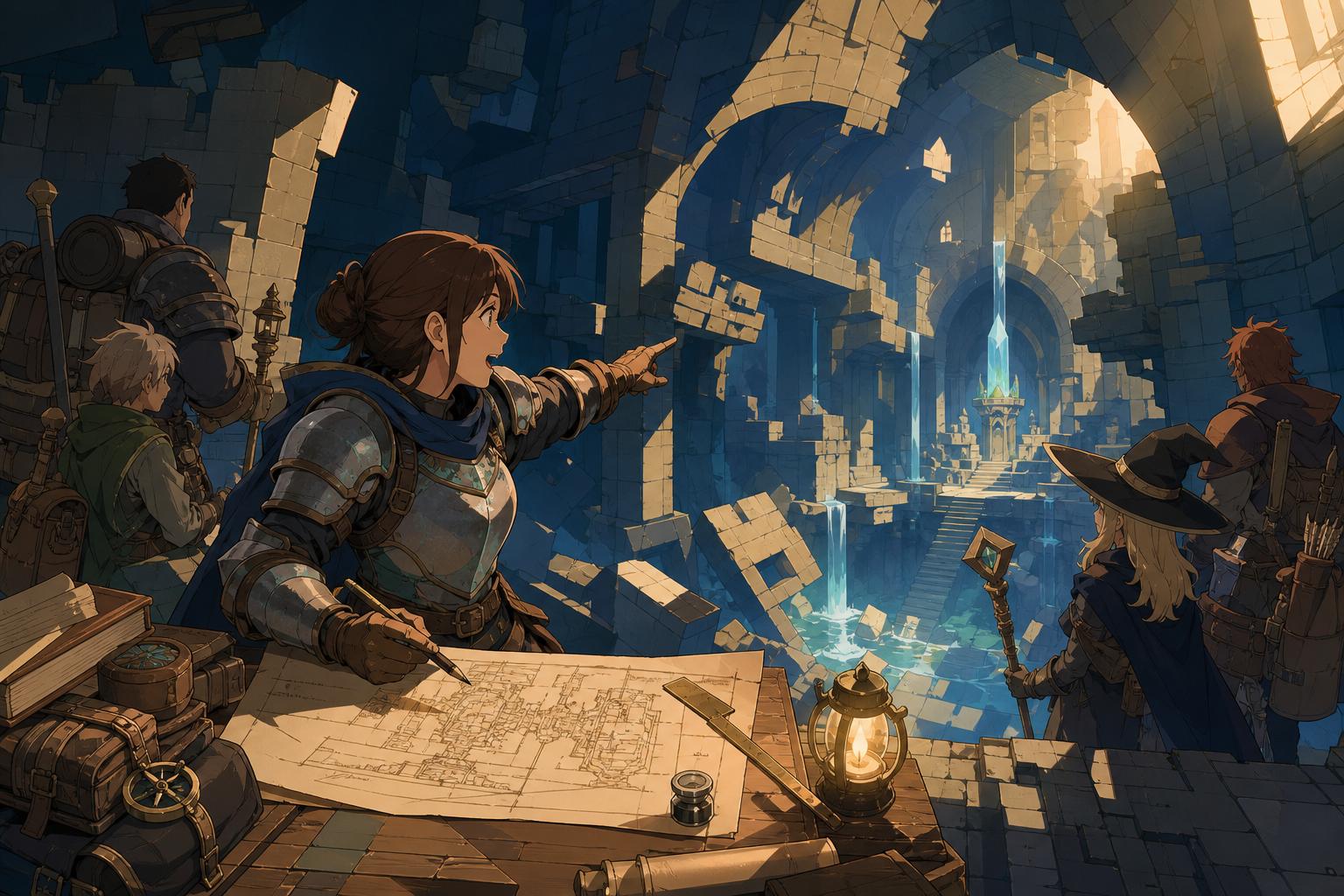 An armored cartographer mapping a dungeon that rearranges itself behind her, at the first reveal of a spectacular unexplored chamber. Wide party tableau that makes the environment feel explorable. Moonlit indigo, oxidize