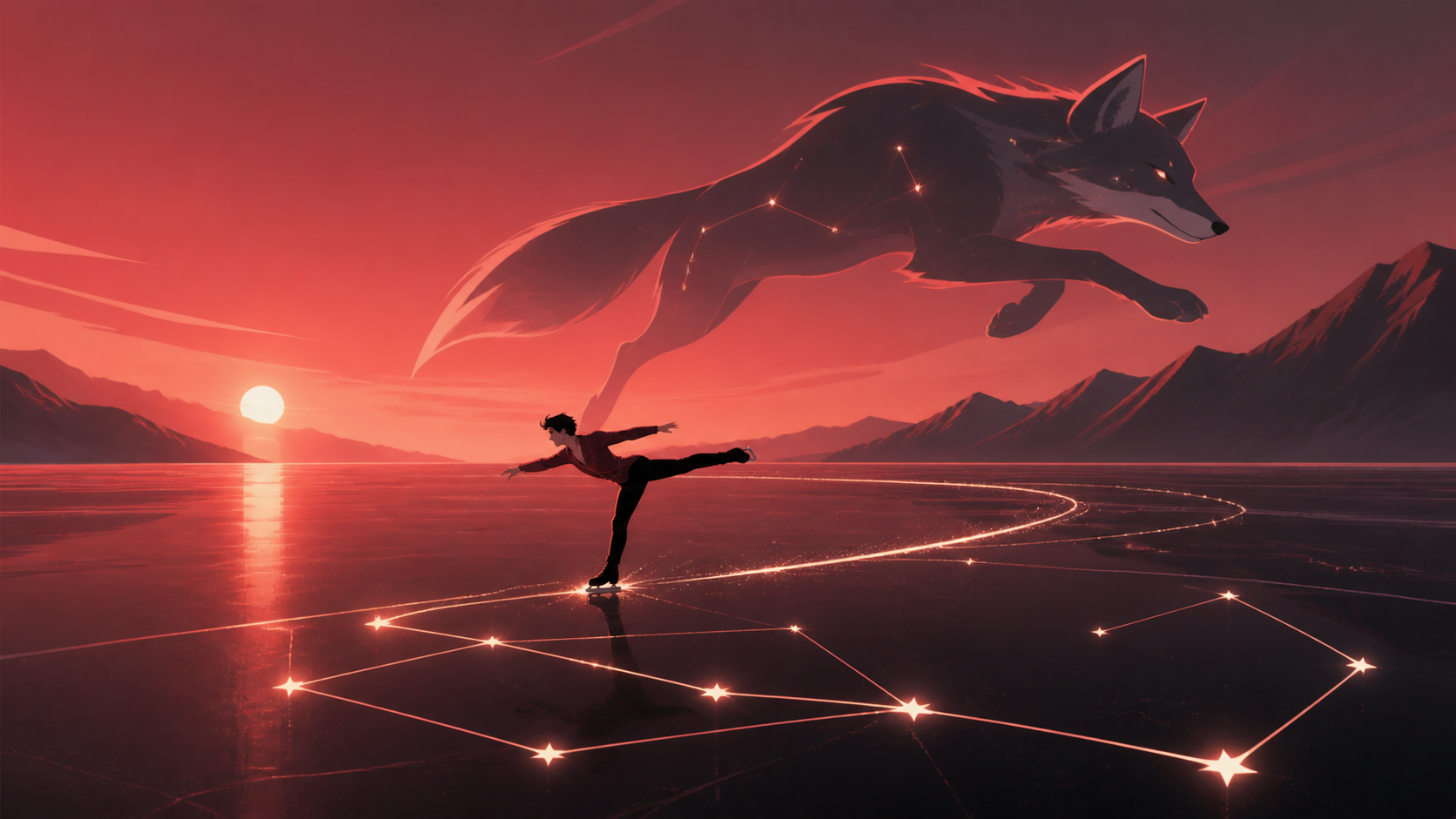 An adult figure skater tracing luminous constellations across black ice, frozen at the instant of greatest balance and momentum. Long-lens frame compressing competitors and terrain into layered motion. Crimson, black che