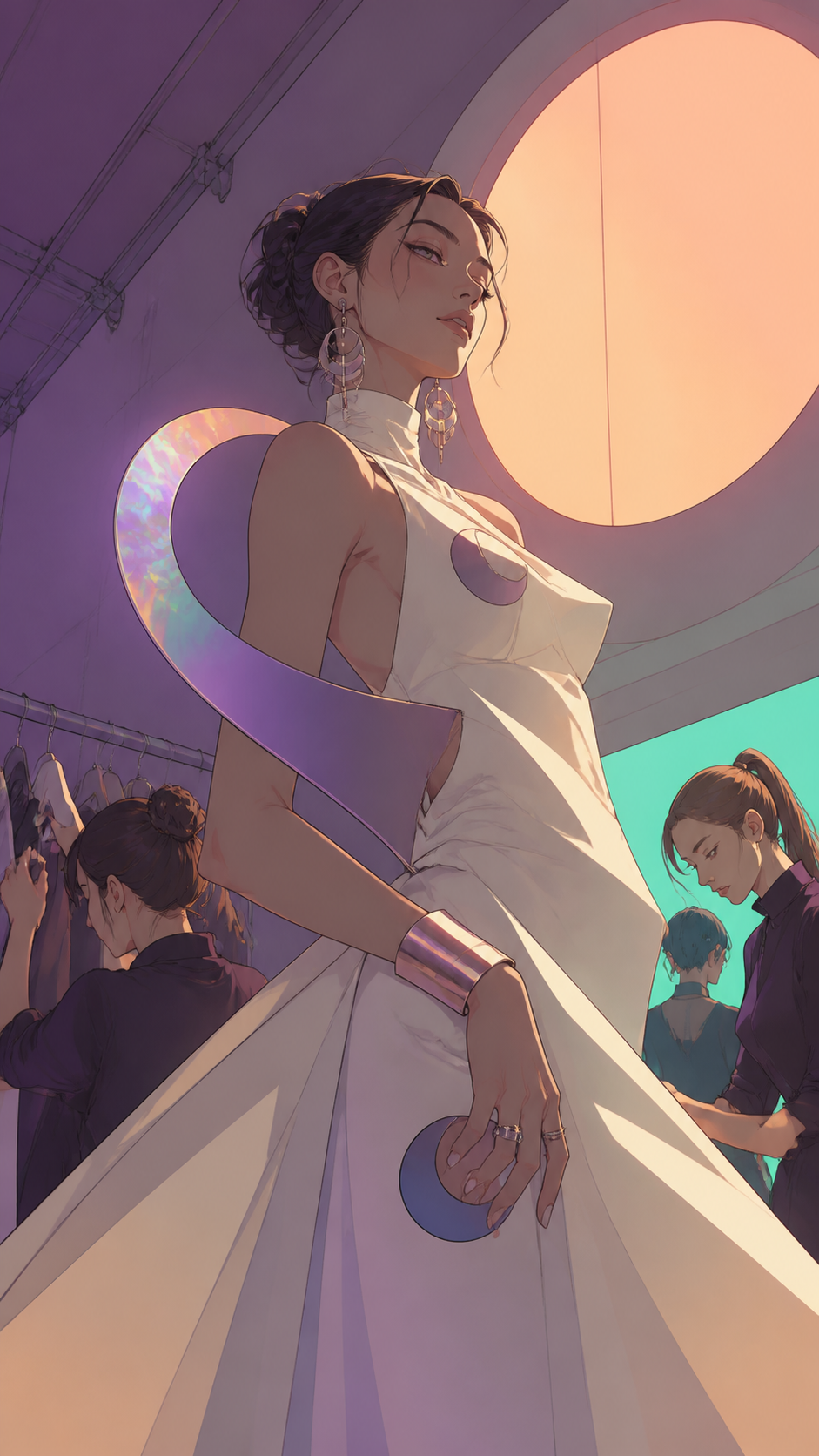 An adult runway model waiting backstage in sculptural lunar eveningwear, captured as a character-driven editorial moment rather than a product display. Low-angle fashion portrait balanced by graphic studio architecture. 