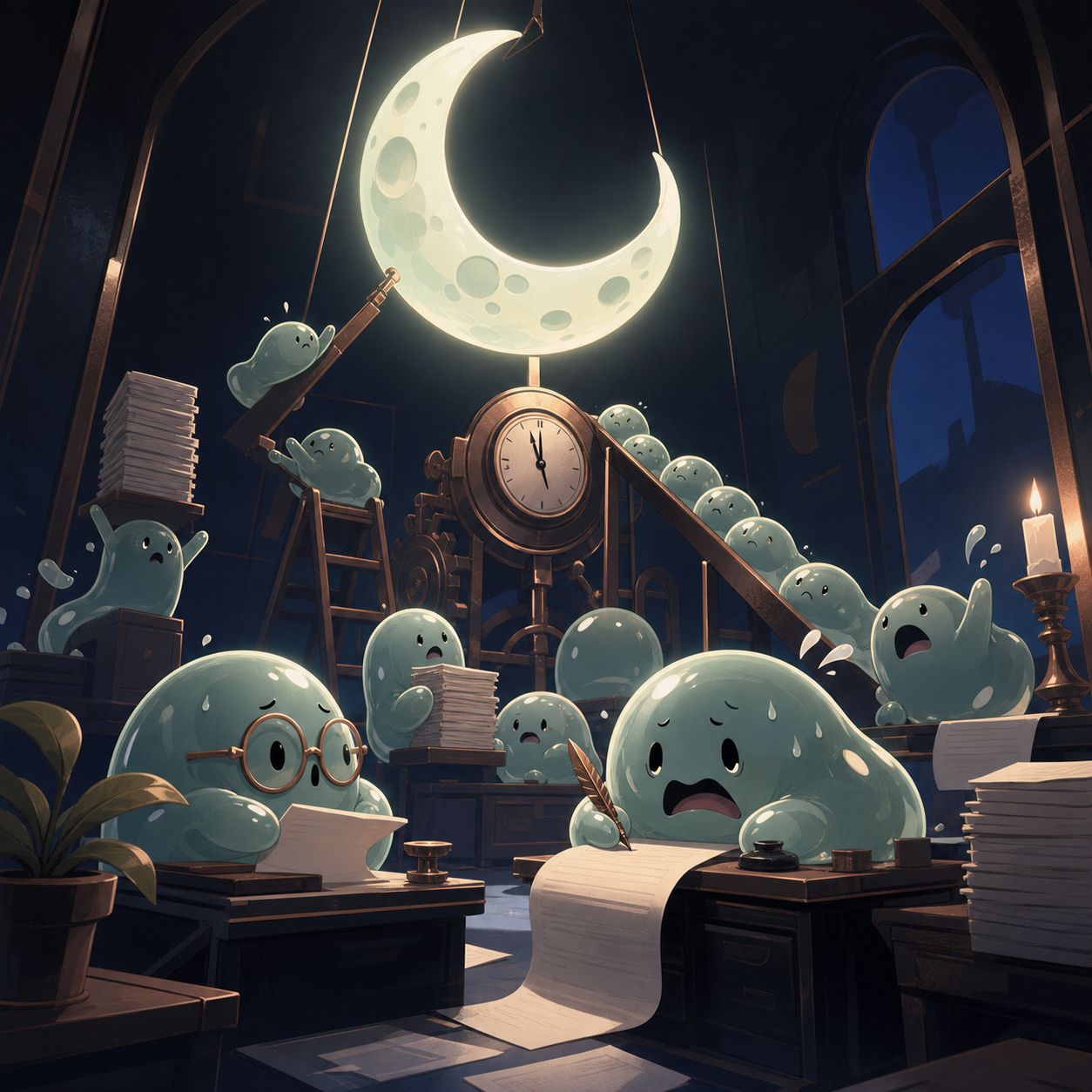 An office staffed by anxious slimes trying to meet an impossible deadline, caught immediately before their elaborate plan obviously fails. Ensemble comedy tableau with several connected visual jokes. Moonlit indigo, oxid