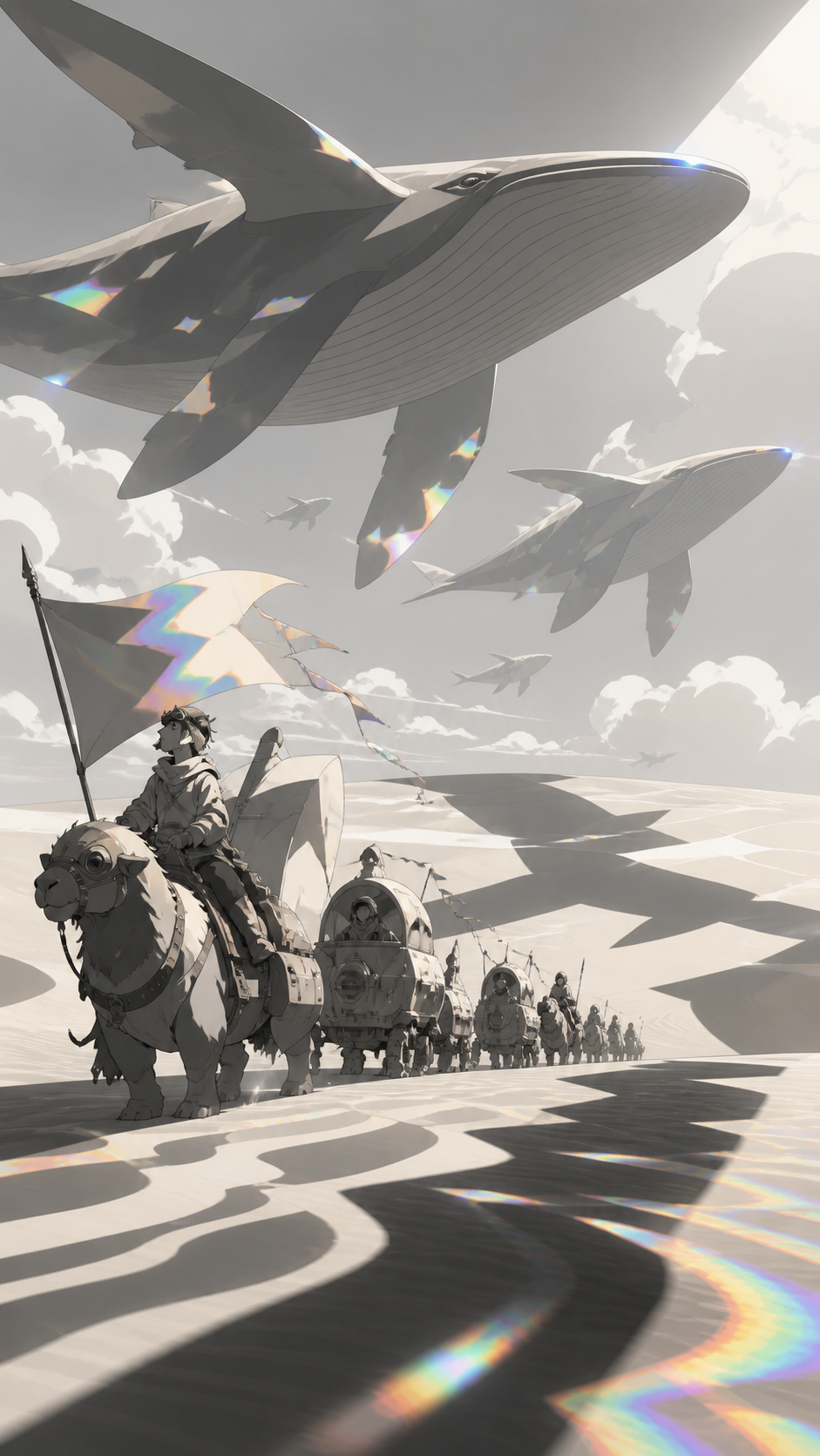 A caravan following the migrating shadows of enormous sky whales, during a difficult crossing made beautiful by unfamiliar weather. Low desert viewpoint using foreground wind patterns to lead toward the destination. Mono