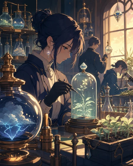 A botanical laboratory where bottled weather feeds rare seedlings, during a busy workday filled with several precise ongoing tasks. Close observational composition layered with too