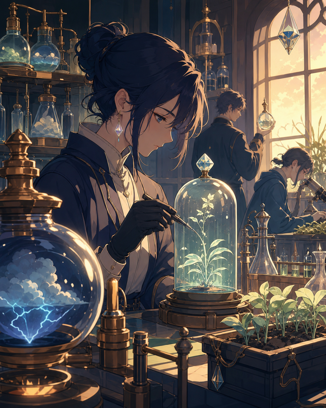 A botanical laboratory where bottled weather feeds rare seedlings, during a busy workday filled with several precise ongoing tasks. Close observational composition layered with tools in foreground and active work behind.