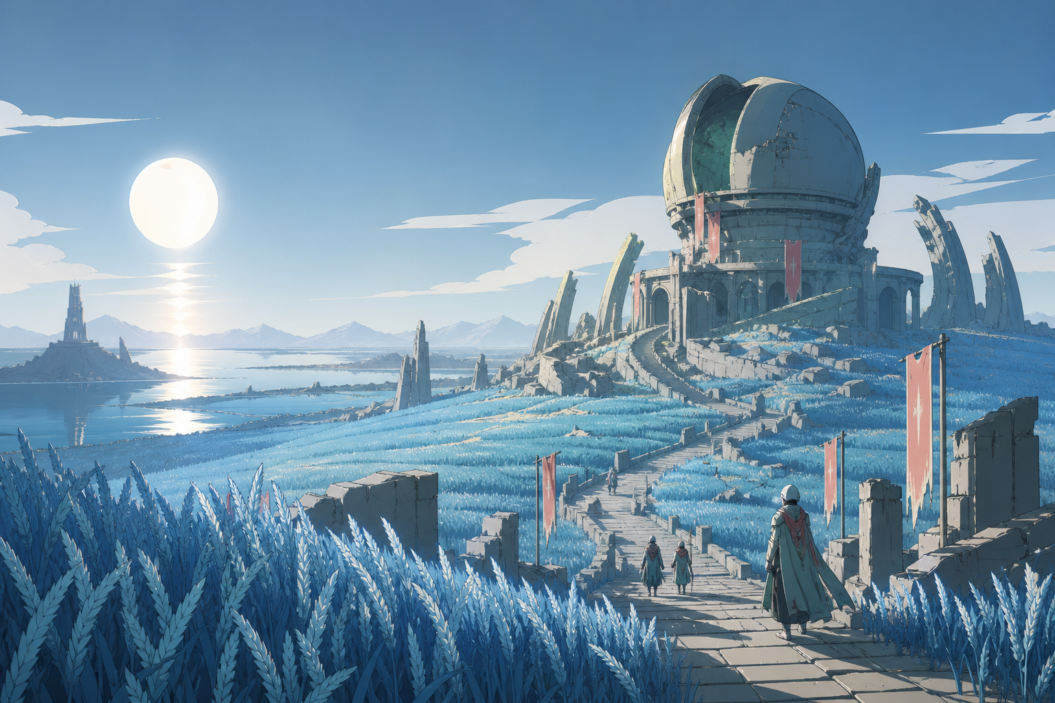 A ruined observatory surrounded by fields of luminous blue wheat, seen during the first morning after a century-long winter. Epic establishing shot with a clear visual path into the world. Sea-glass green, faded coral, s