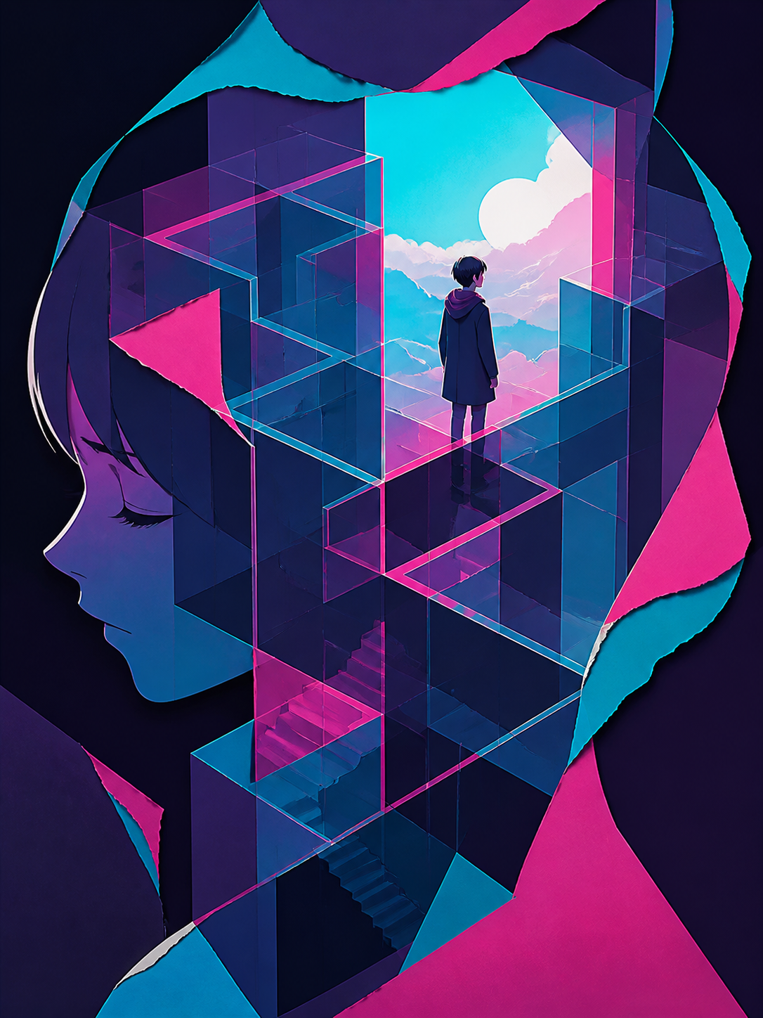 A portrait of loneliness represented as an inhabited glass maze, balanced between abstraction and a clearly readable emotional idea. Bold gallery-poster composition with no typography. Saturated magenta, electric cyan, d