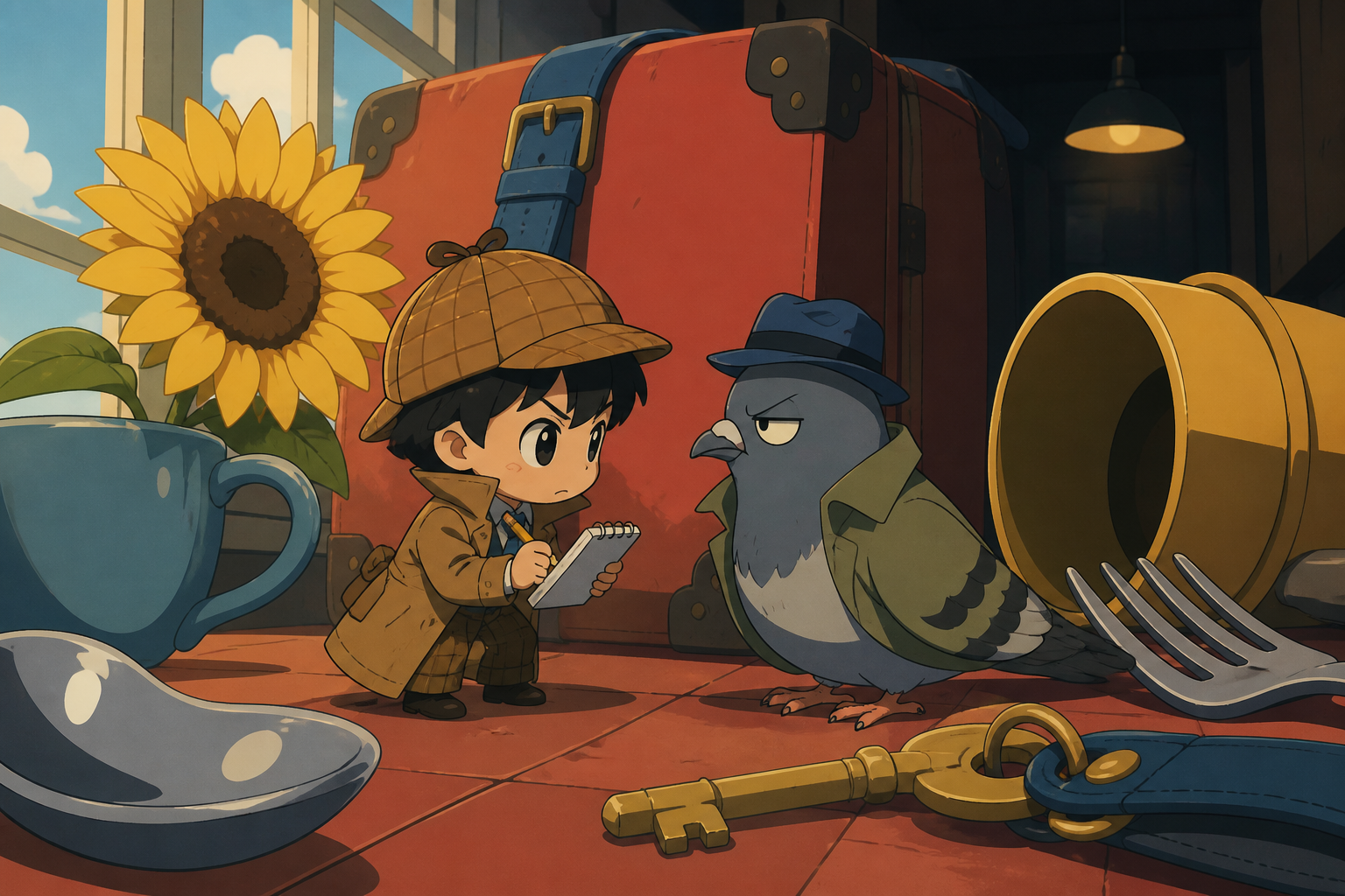 A chibi detective interviewing an extremely suspicious pigeon, on a colorful journey where every obstacle is larger than the heroes. Storybook-wide comic tableau with the full problem visible. Clay red, sage, faded denim