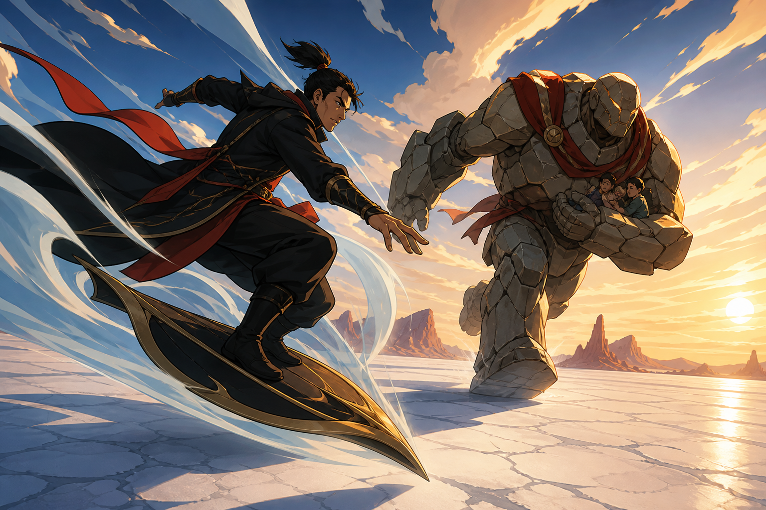An adult wind rider racing a sand golem across an open salt plain, during a high-stakes task centered on protection rather than destruction. Dynamic low-angle view preserving clear silhouettes. Pine black, snow blue, ced