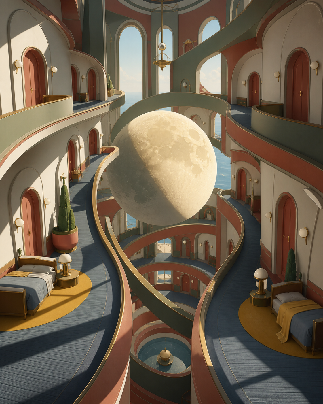 An impossible hotel whose hallways curve around a captive moon, shown empty just before its inhabitants wake. Architectural hero view with controlled symmetry and deep spatial layers. Clay red, sage, faded denim, and sun