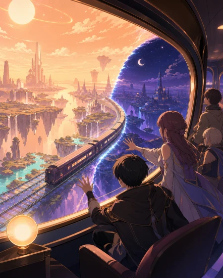 A train crossing from afternoon into night through a single curved window, as characters test the boundary between two connected realities. High viewpoint revealing how the entire 