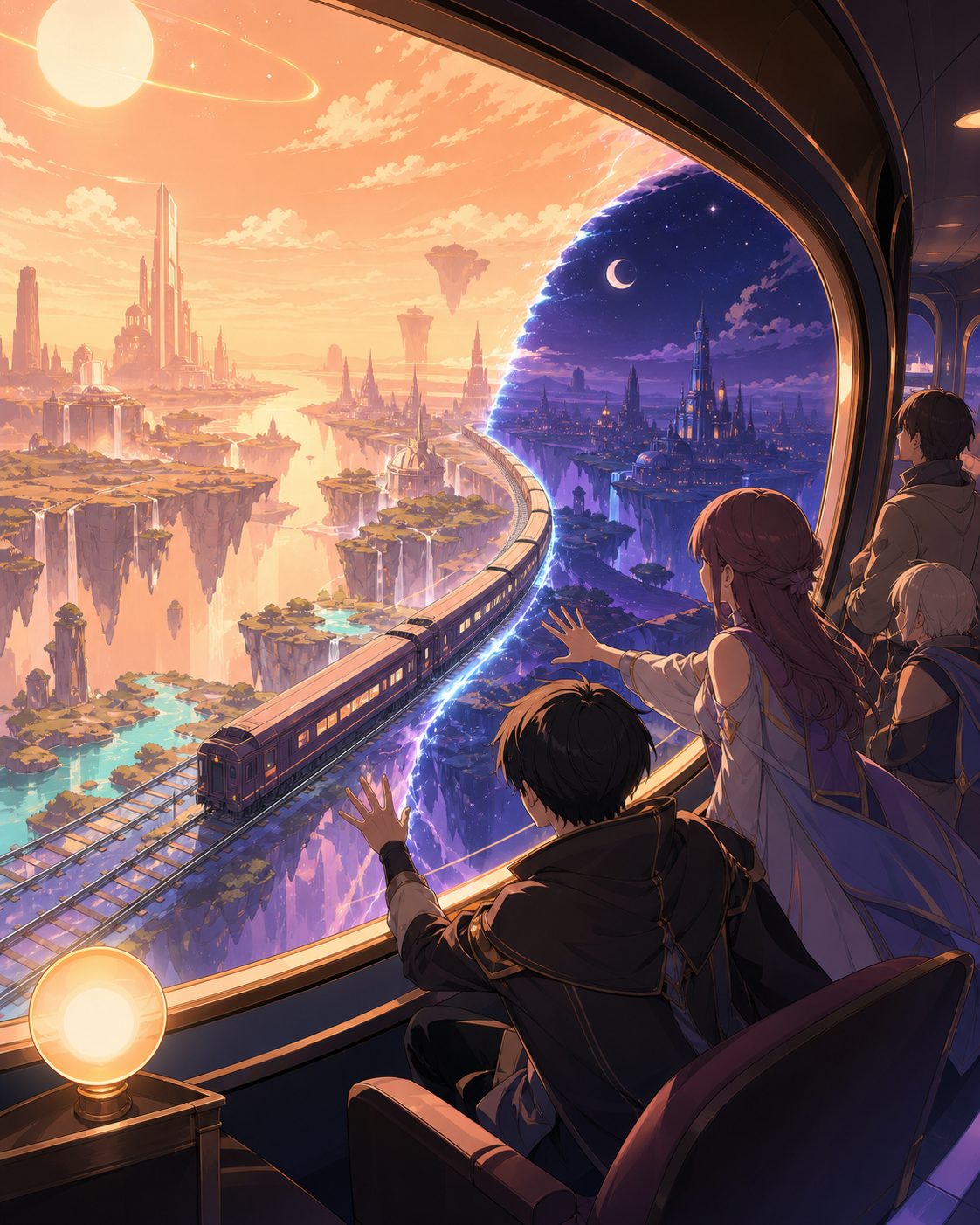 A train crossing from afternoon into night through a single curved window, as characters test the boundary between two connected realities. High viewpoint revealing how the entire world connects impossibly. Apricot, orch