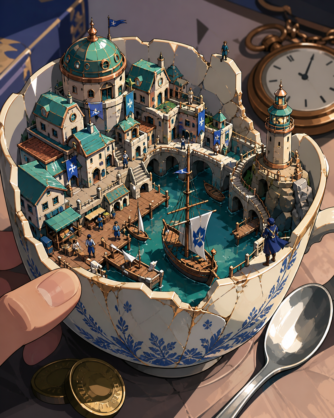 A harbor town thriving inside a chipped porcelain teacup, observed at close range with ordinary objects revealing the tiny scale. Isometric-like miniature vista with multiple readable zones of activity. Moonlit indigo, o