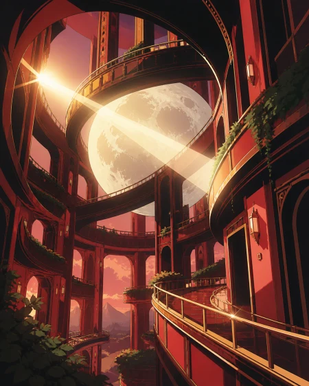 An impossible hotel whose hallways curve around a captive moon, as sunlight passes through it in physically impossible directions. Dramatic vertical composition emphasizing scale a