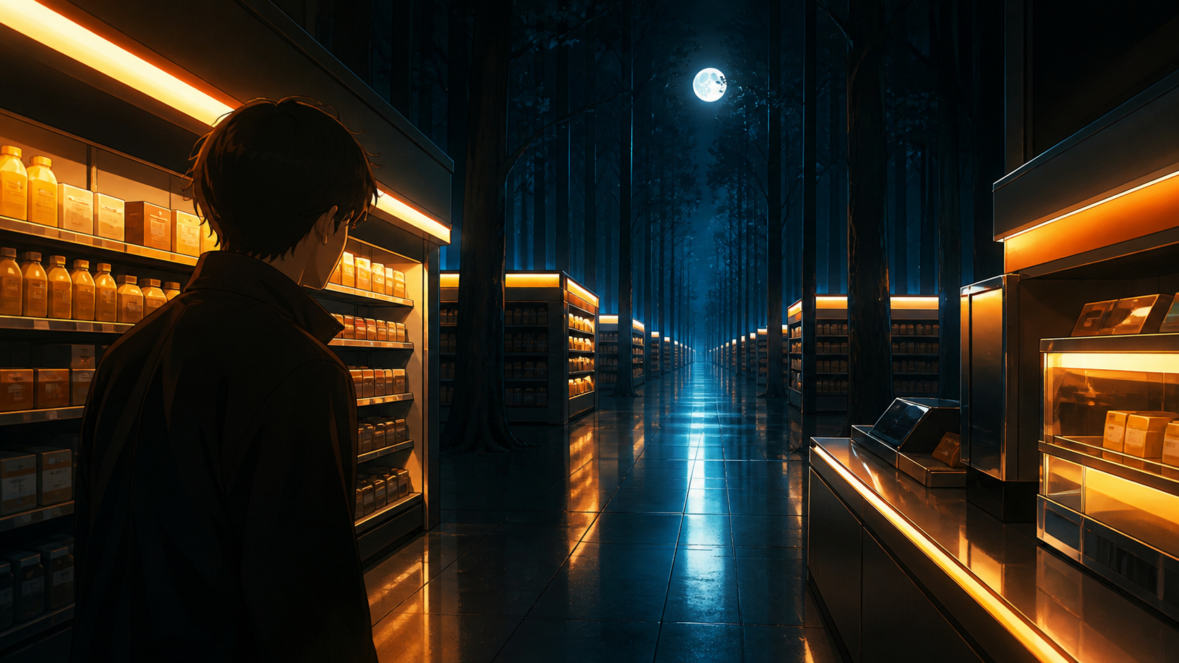 A late-night convenience store whose aisles extend into a moonlit forest, shown at the uneasy instant when something impossible becomes noticeable. Suspenseful deep-perspective composition with the threat implied rather 