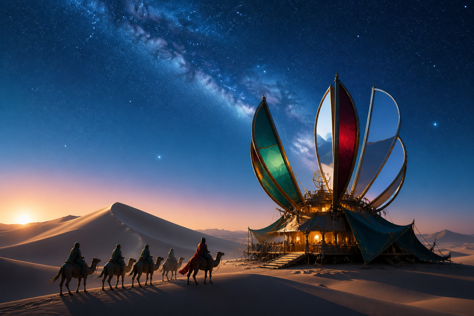 A nomadic observatory opening its mirrored sails beneath the Milky Way, seen in the blue hour when heat gives way to starlight. Extreme wide landscape with a small but readable journey crossing it. Emerald, stained-glass