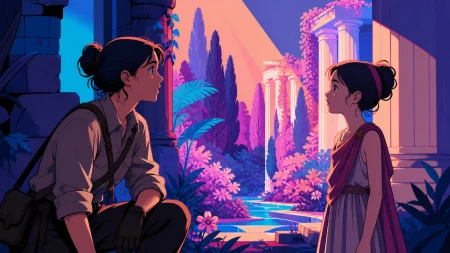 An archaeologist watching a vanished garden briefly return around them, during a gentle encounter driven by curiosity rather than catastrophe. Intimate two-shot contrasting the sam