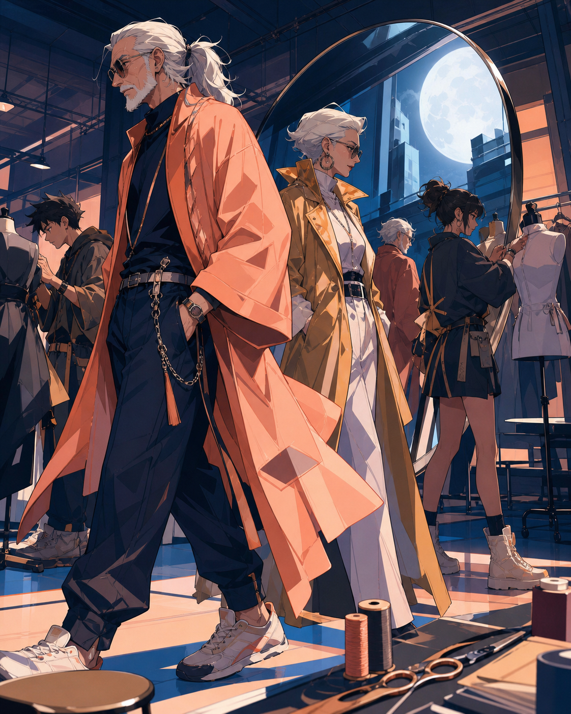 Older fashion icons walking through a young underground design fair, during candid preparation rather than a formal runway pose. Group editorial frame built around contrasting silhouettes. Sun-bleached peach, desert ochr