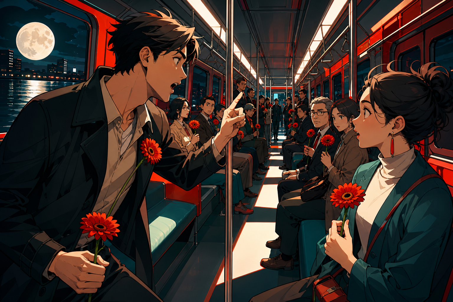 Two adult commuters realizing every passenger has brought the same flower, when one shared observation changes the atmosphere among the passengers. Long interior perspective connecting several quiet passenger stories. Ve