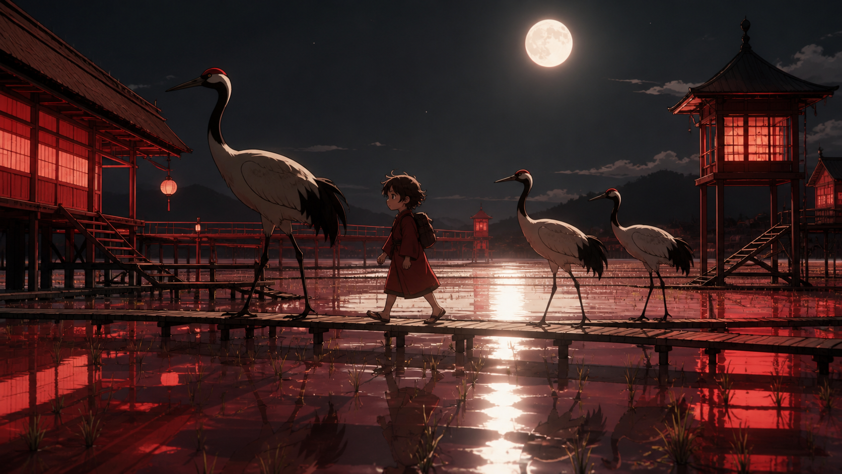 Cranes escorting a lost child across shallow rice fields, on an ordinary day with one quietly magical rule. Low animal-height perspective through a functional environment. Crimson, black cherry, muted bronze, and moon wh