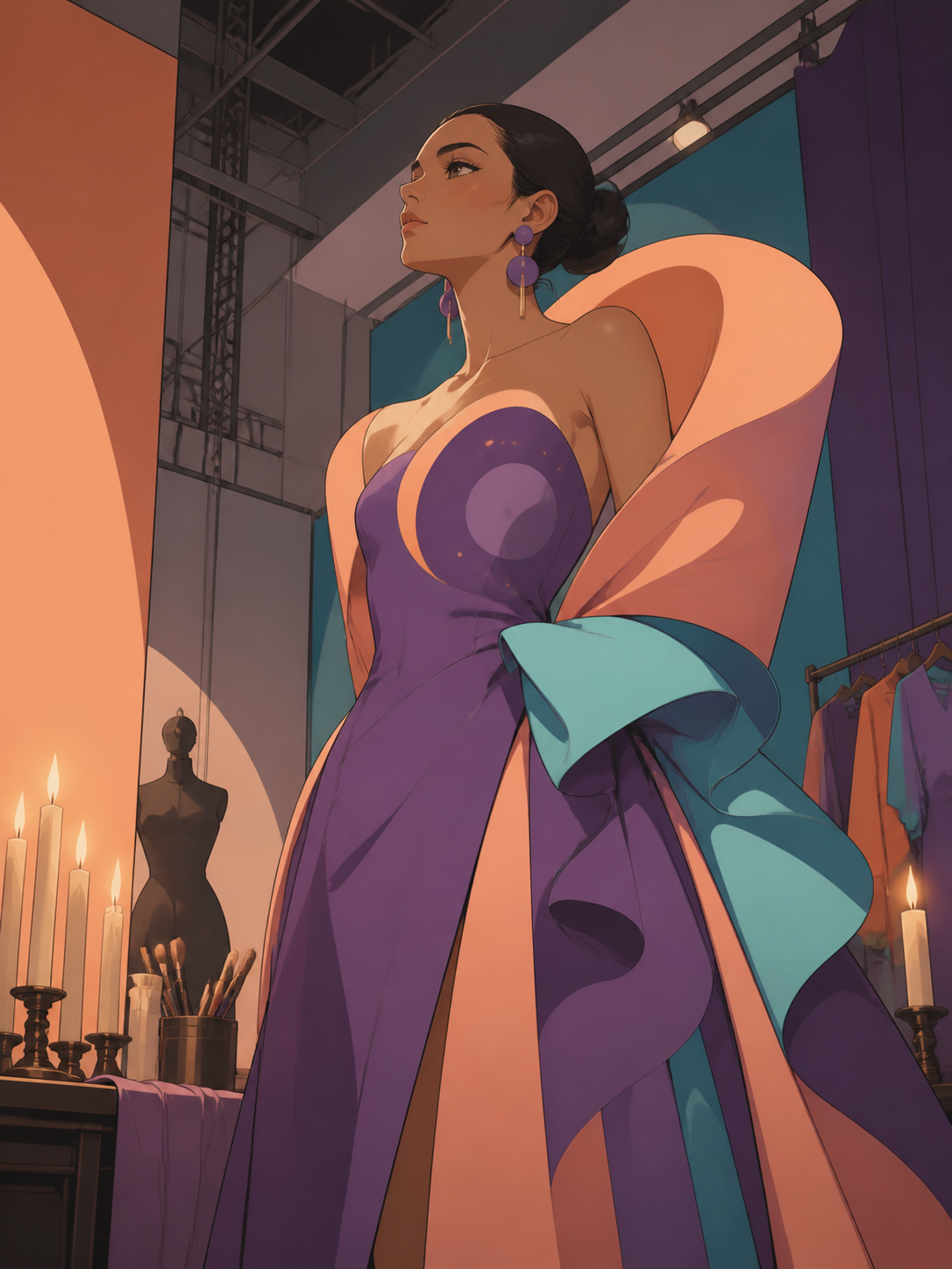An adult runway model waiting backstage in sculptural lunar eveningwear, during the focused preparation before a major reveal. Low-angle fashion portrait balanced by graphic studio architecture. Apricot, orchid purple, p