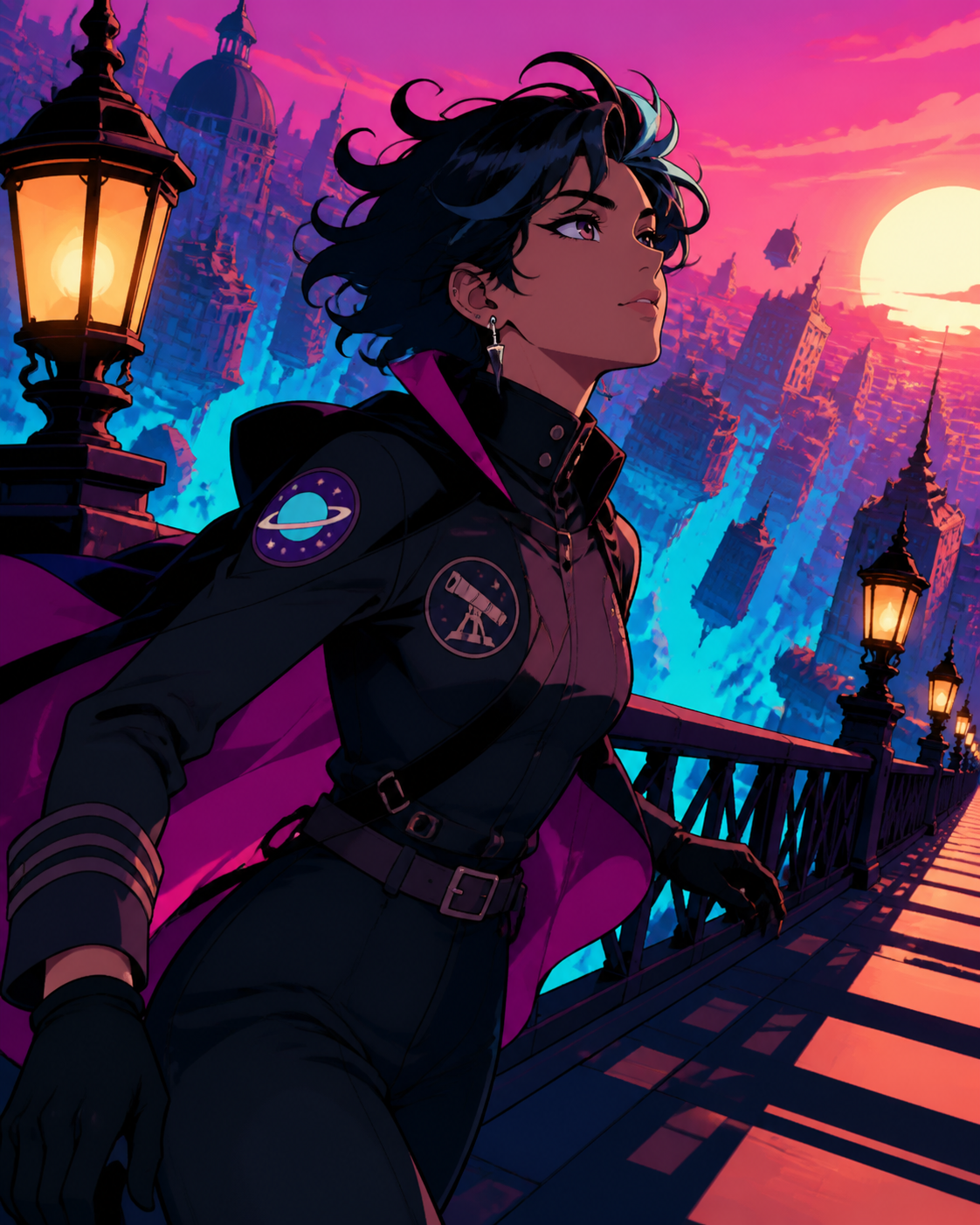An adult nonbinary astronomer with a patched observatory uniform, crossing a lantern-lit bridge as the city below loses gravity. Intimate three-quarter view with strong foreground and background layers. Saturated magenta