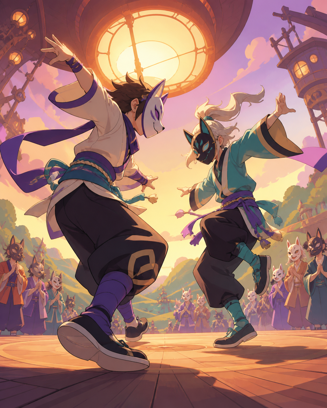 Masked festival dancers competing through expressive footwork, at the strongest pose of a friendly exchange rather than a hostile fight. Low side angle focused on footwork and opposing movement lines. Apricot, orchid pur