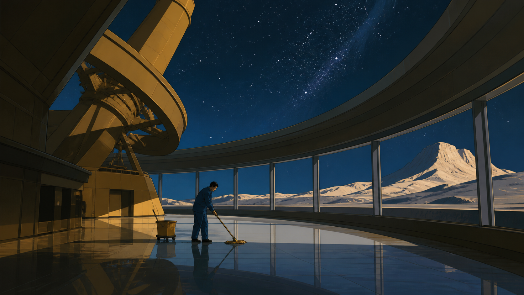 An adult observatory custodian polishing the floor beneath a moving indoor sky, during the private-feeling hour when public spaces belong to their workers. Wide quiet interior with one worker clearly anchoring the scale.