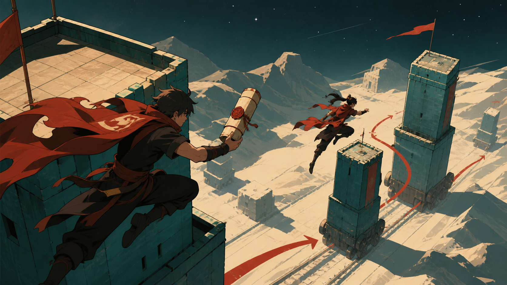 Two adult spell couriers leaping between moving towers to deliver a sealed remedy, with the objective readable immediately and no gore. Overhead tactical composition showing objective, obstacle, and escape route. Vermill