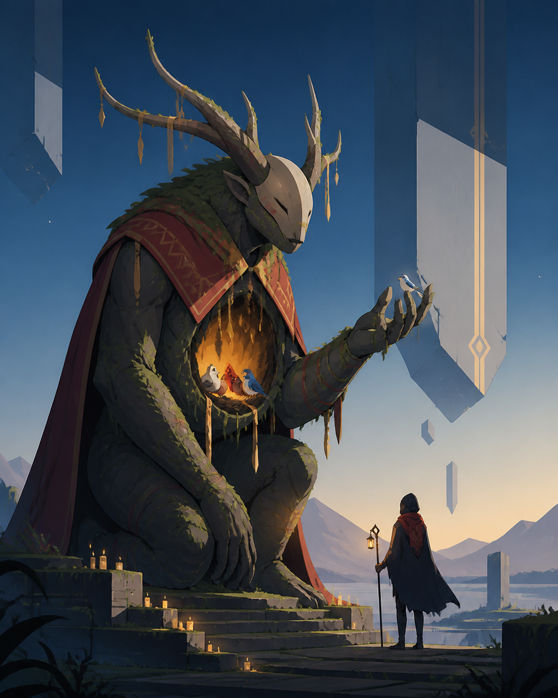 A gentle moss-covered guardian with a hollow chest full of songbirds, meeting a lone traveler without hostility for the first time. Majestic full-body creature composition with environmental scale cues. Pine black, snow 