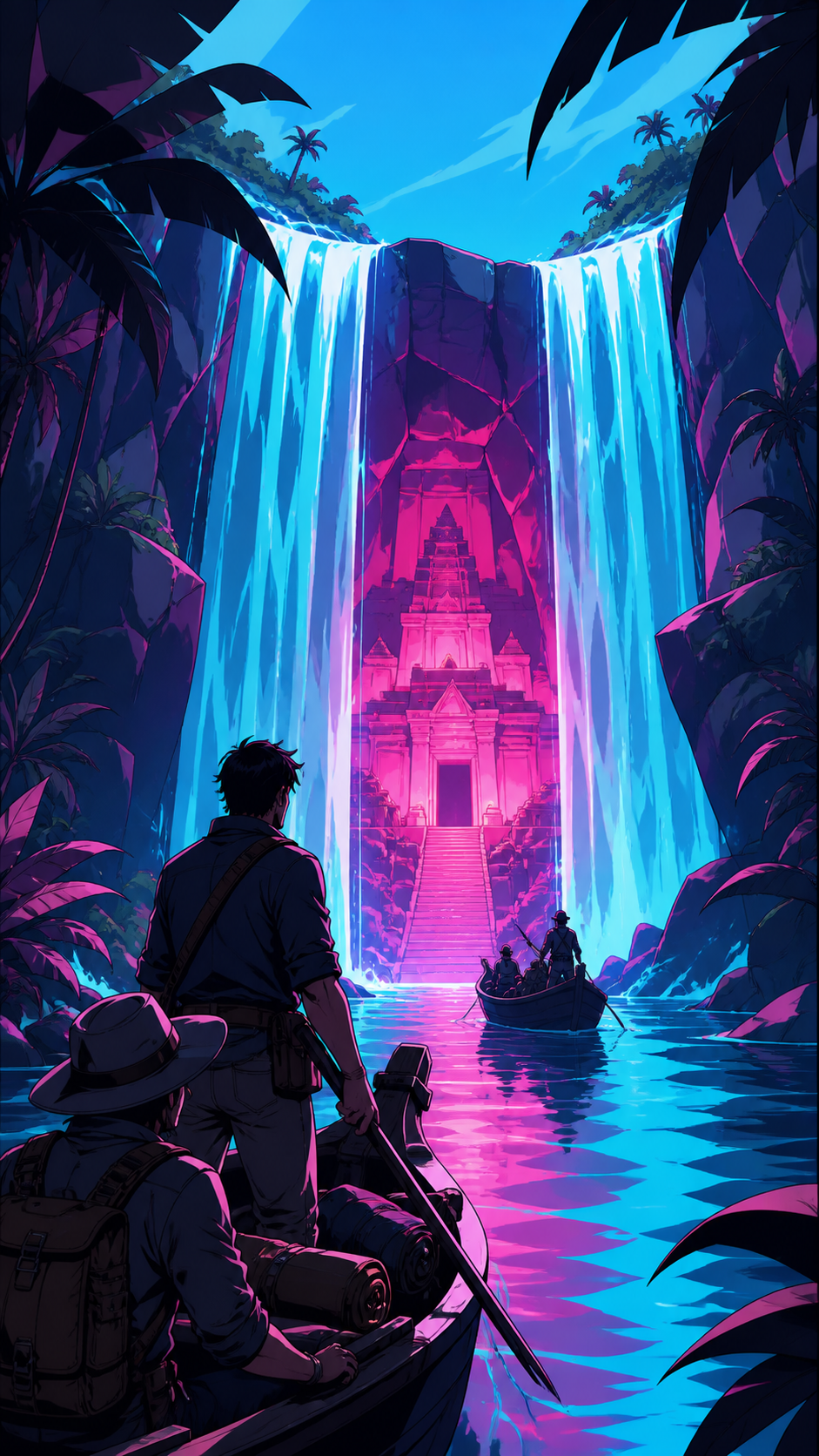 An expedition discovering a bright temple concealed behind a wide waterfall, under clear morning light with every route easy to read. River-level view framed by a few large plants. Saturated magenta, electric cyan, deep 
