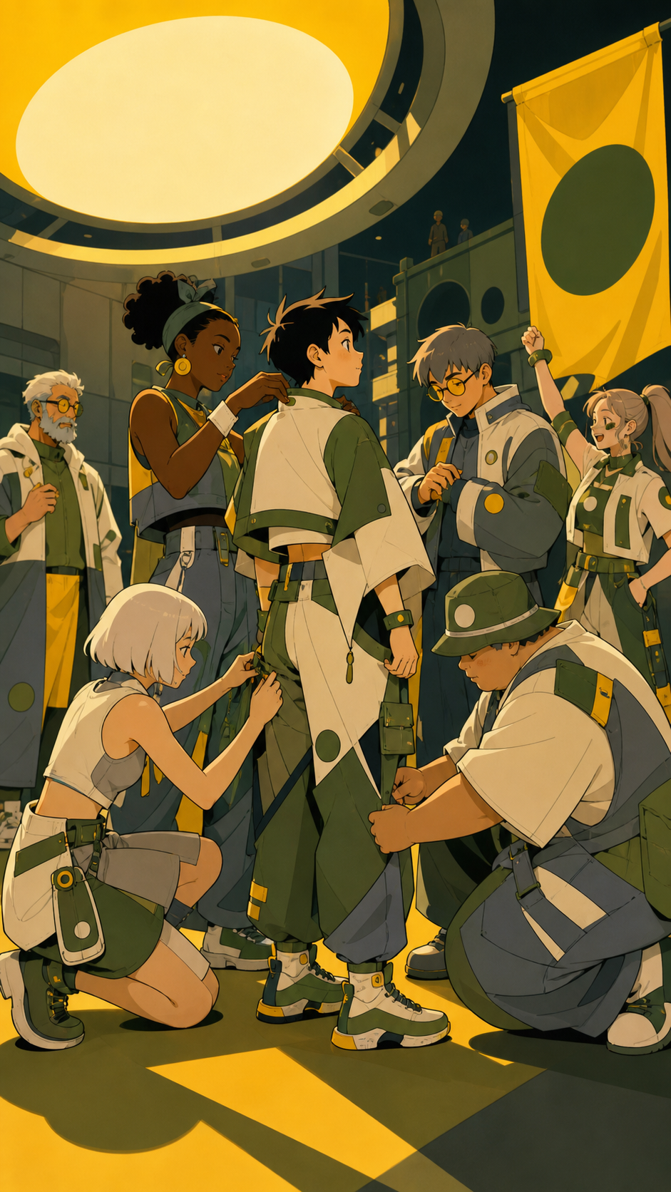 Friends styling modular clothing before a night parade, during candid preparation rather than a formal runway pose. Full-body fashion narrative with environment supporting the outfit. Moss green, slate gray, mushroom cre
