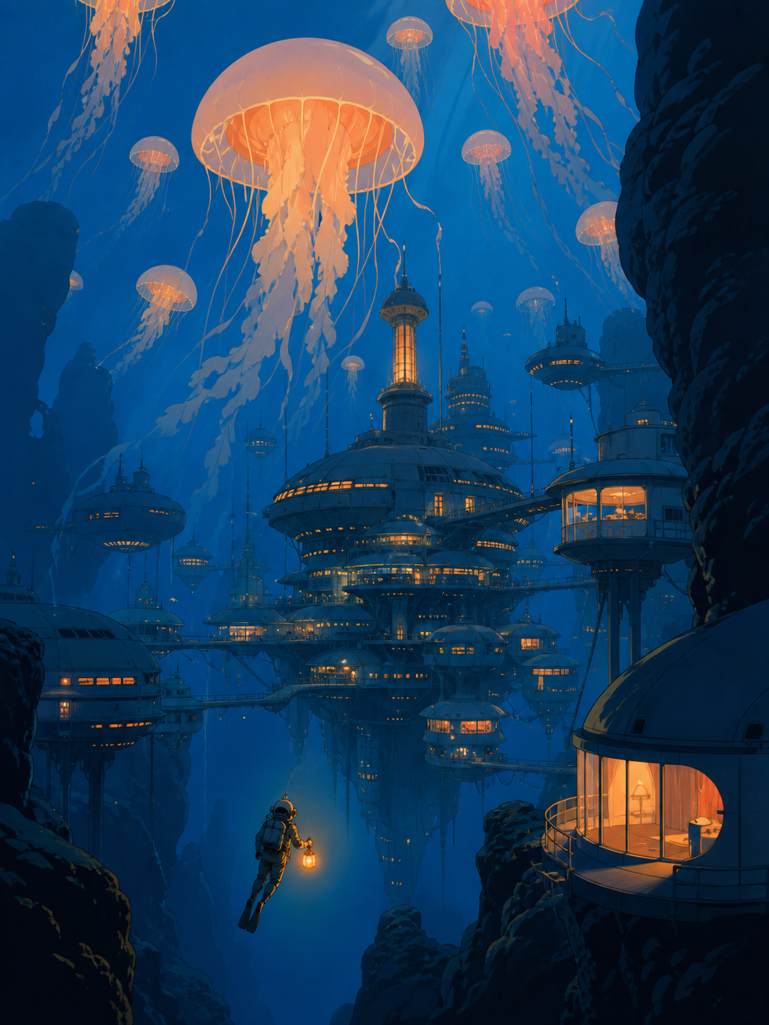 A research village suspended beneath a field of glowing jellyfish, explored by a single tiny diver with a warm lantern. Vertical descent composition with a tiny explorer providing scale. Cobalt, persimmon orange, warm co