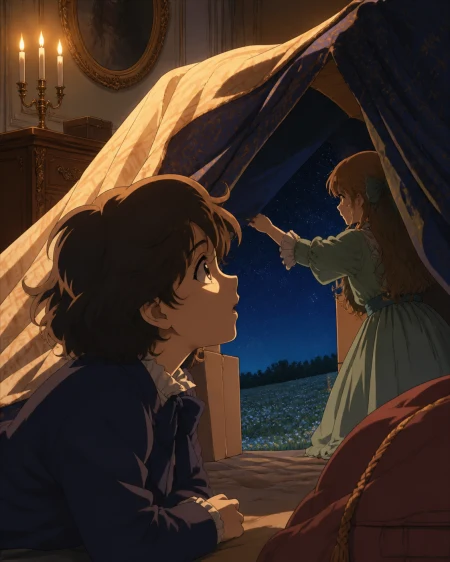 Siblings building a blanket fort that opens onto a starry field, during a quiet afternoon when ordinary objects become extraordinary. Intimate close view centered on one expression