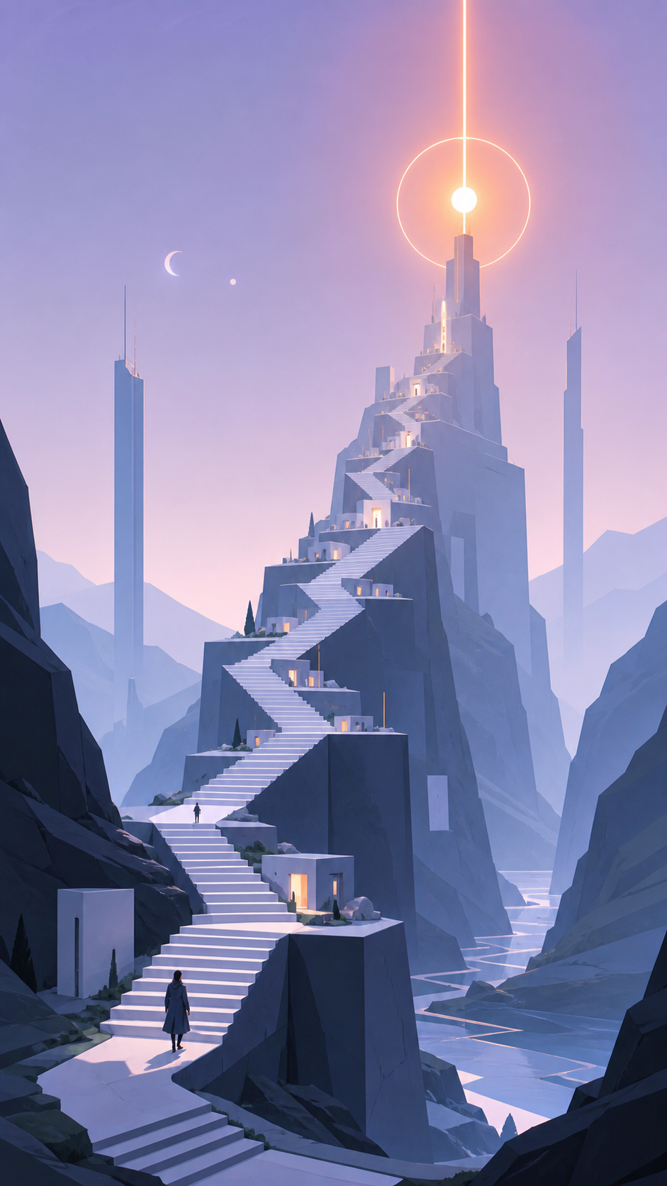 A valley crossed by an endless staircase whose landings contain tiny homes, with a single journey providing a visual path through the scene. Vertical composition following settlements up the monumental structure. Pale la