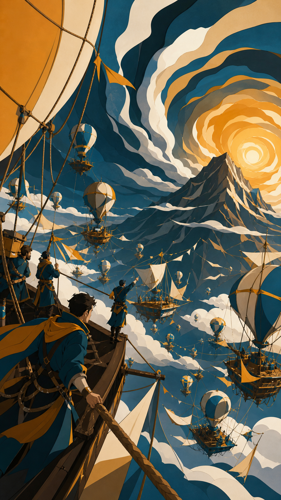A balloon city gathering around a seasonal mountain-sized storm, as changing winds force inhabitants into a practiced communal response. Sweeping aerial panorama with a strong route across the frame. Saffron, peacock blu