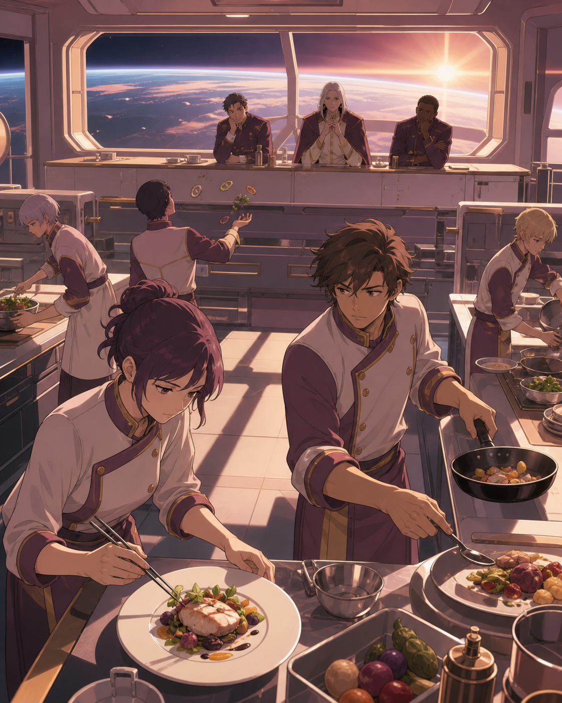 Space-station cooks improvising dinner after gravity briefly changes, during a supervised contest centered on craft rather than aggression. Kitchen-wide competition frame showing both process and reactions. Muted rose, p