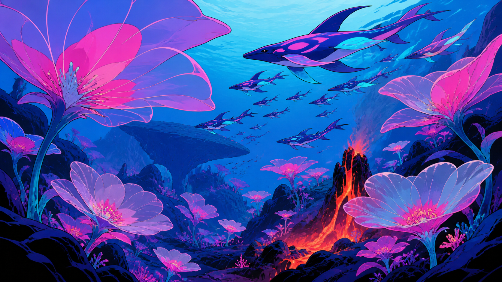 A garden of enormous translucent flowers growing around a warm volcanic vent, as a migration of unfamiliar luminous animals passes through. Wide underwater vista with light guiding the eye through multiple depths. Satura