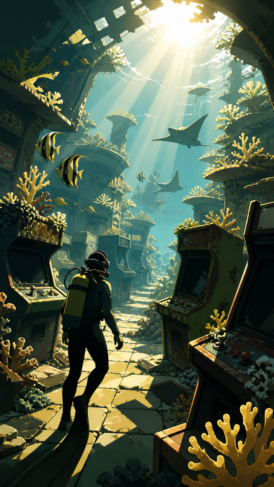An abandoned underwater arcade slowly becoming a coral reef, during the brief hour when sunlight reaches the seafloor. Wide underwater vista with light guiding the eye through multiple depths. Moss green, slate gray, mus