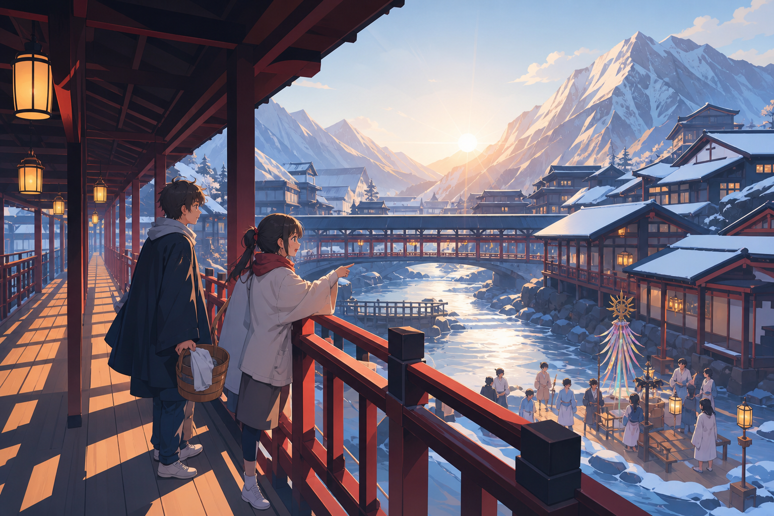 Teenage siblings exploring a maze of covered wooden walkways, as a small seasonal ceremony begins beside the river. Wide mountain-town establishing shot balanced by a small family group. Pine black, snow blue, cedar red,