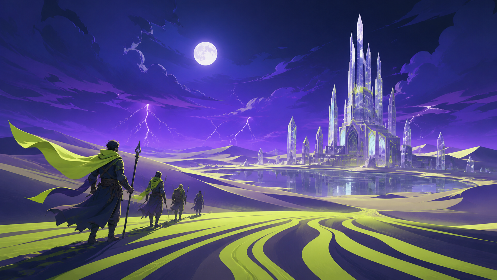 A glass ruin emerging from dunes after a rare electric storm, during a difficult crossing made beautiful by unfamiliar weather. Low desert viewpoint using foreground wind patterns to lead toward the destination. Acid lim
