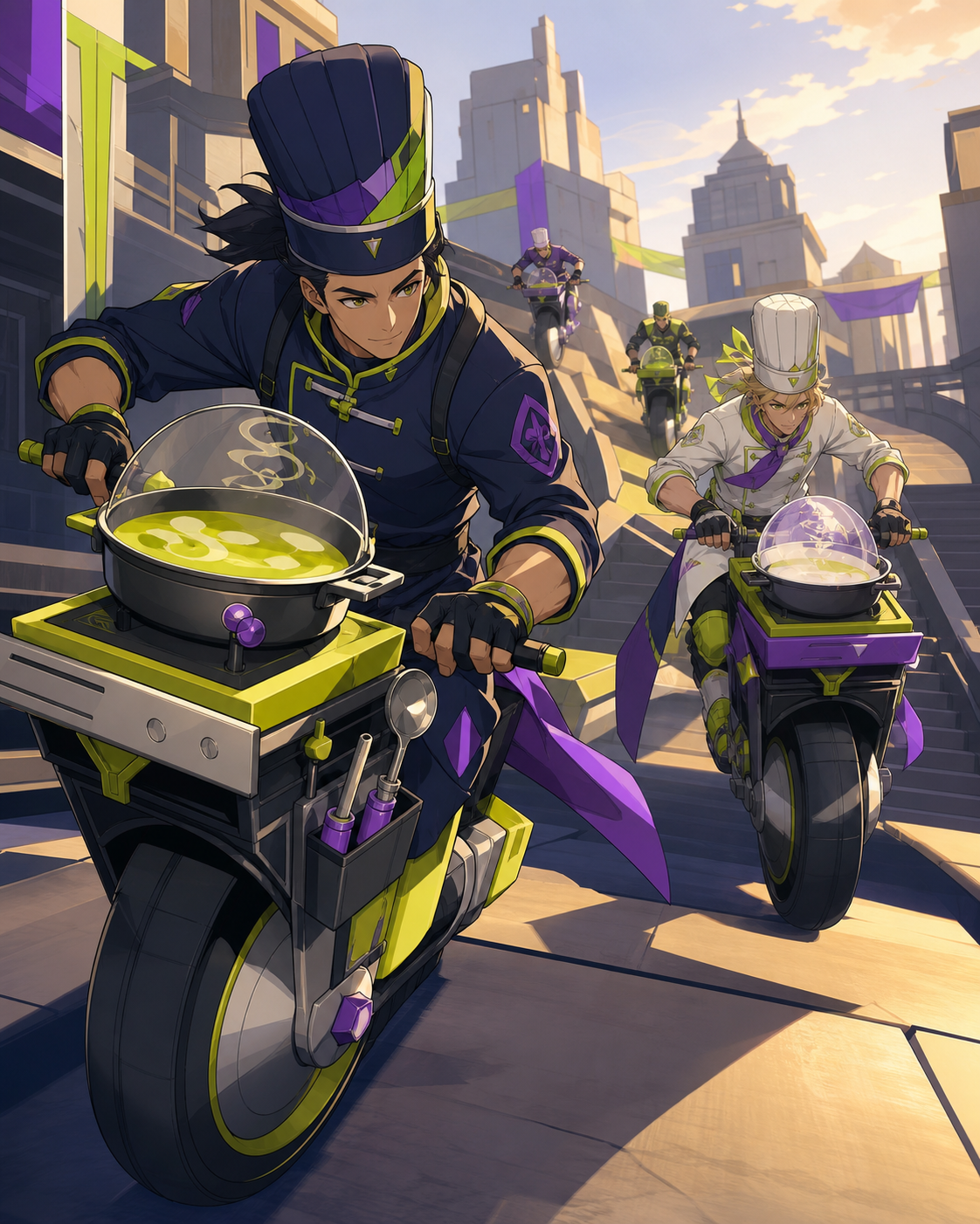 Rival chefs delivering enchanted soup by one-wheeled kitchen carts, as an unexpected shortcut rewards cleverness over speed. Dramatic front three-quarter frame with several competitors behind. Acid lime, ultraviolet, mat