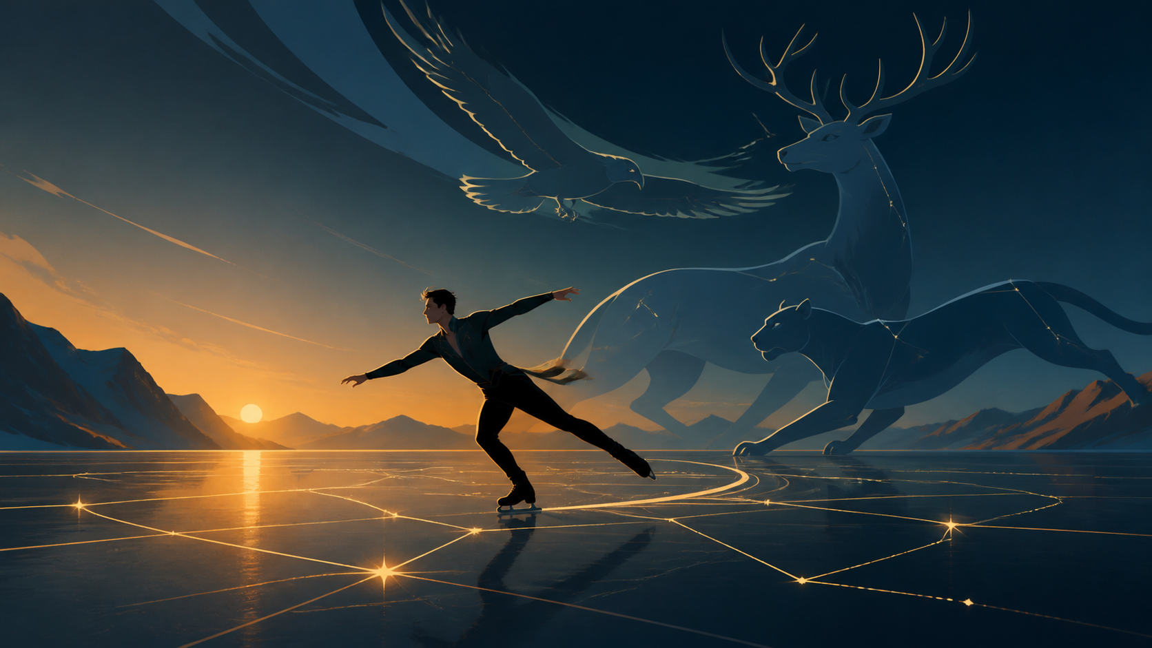 An adult figure skater tracing luminous constellations across black ice, shown as disciplined athletic movement rather than combat spectacle. Long-lens frame compressing competitors and terrain into layered motion. Saffr