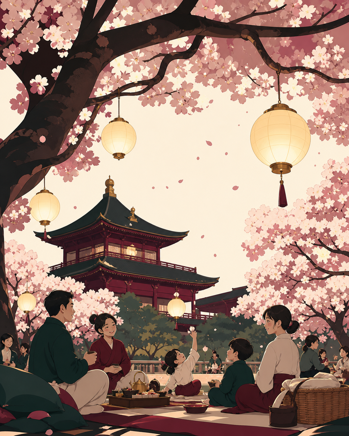 Families picnicking beneath broad spring blossom canopies, with the season communicated through broad clean shapes rather than fine detail. Low upward view using branches to frame people and architecture. Burgundy, midni