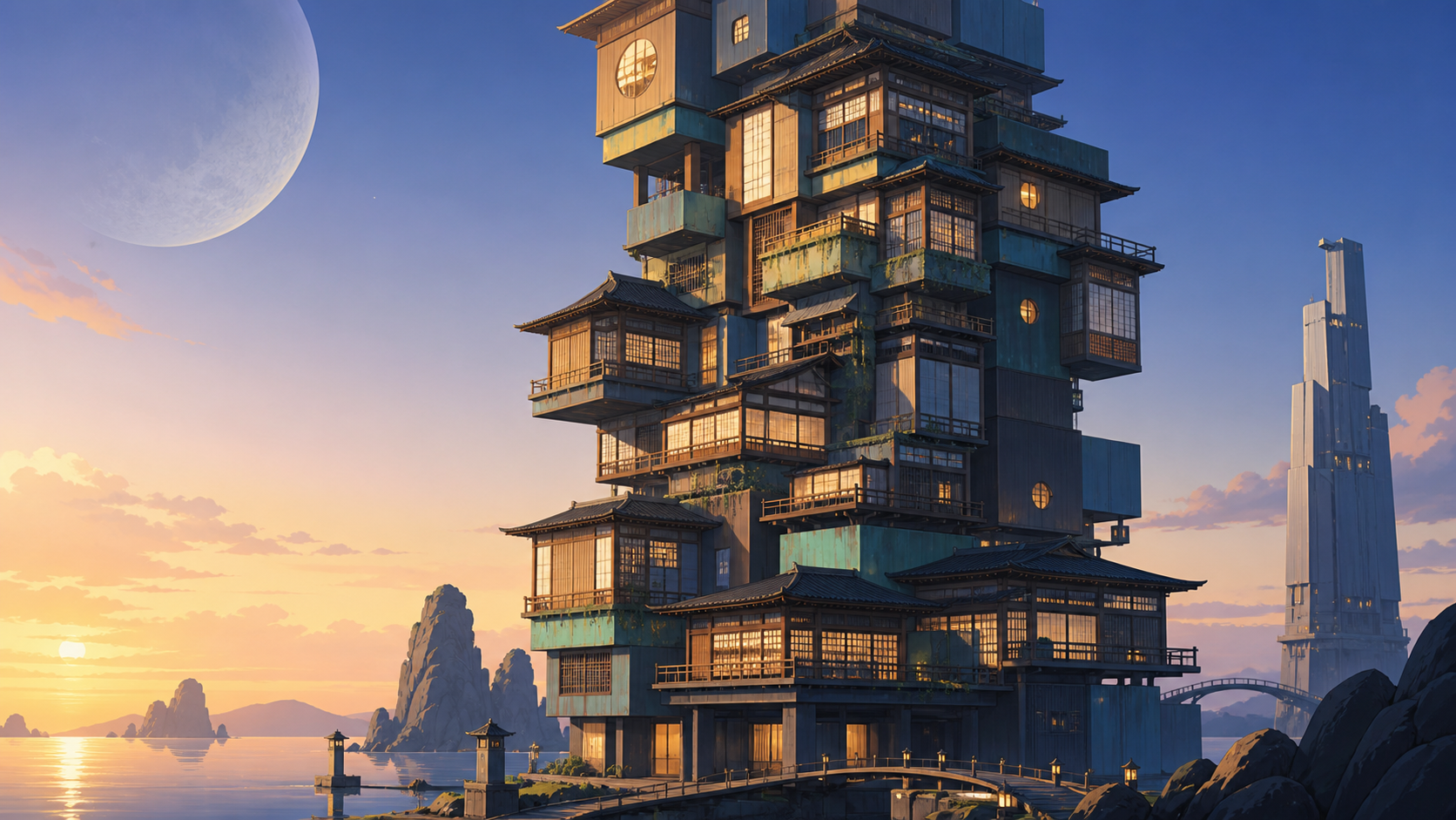 A seaside apartment tower assembled from stacked traditional tea houses, shown empty just before its inhabitants wake. Architectural hero view with controlled symmetry and deep spatial layers. Moonlit indigo, oxidized co