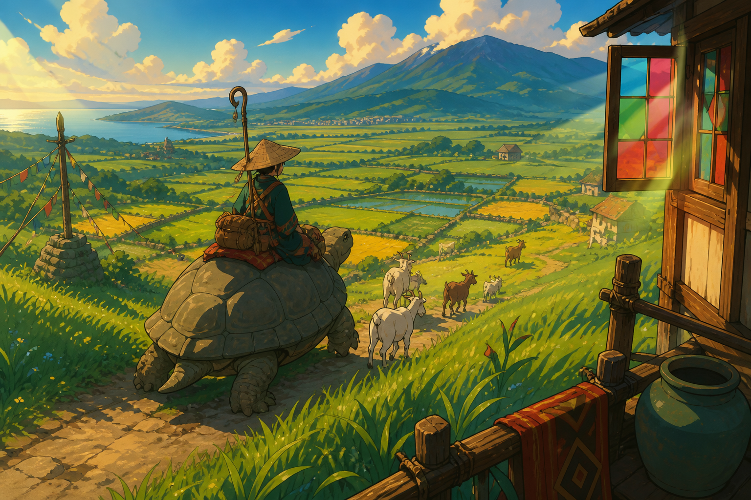 A goat herder crossing high grasslands on the back of a patient stone turtle, at the start of a long day in a sparsely populated landscape. Elevated view organizing fields and paths into clean graphic shapes. Emerald, st