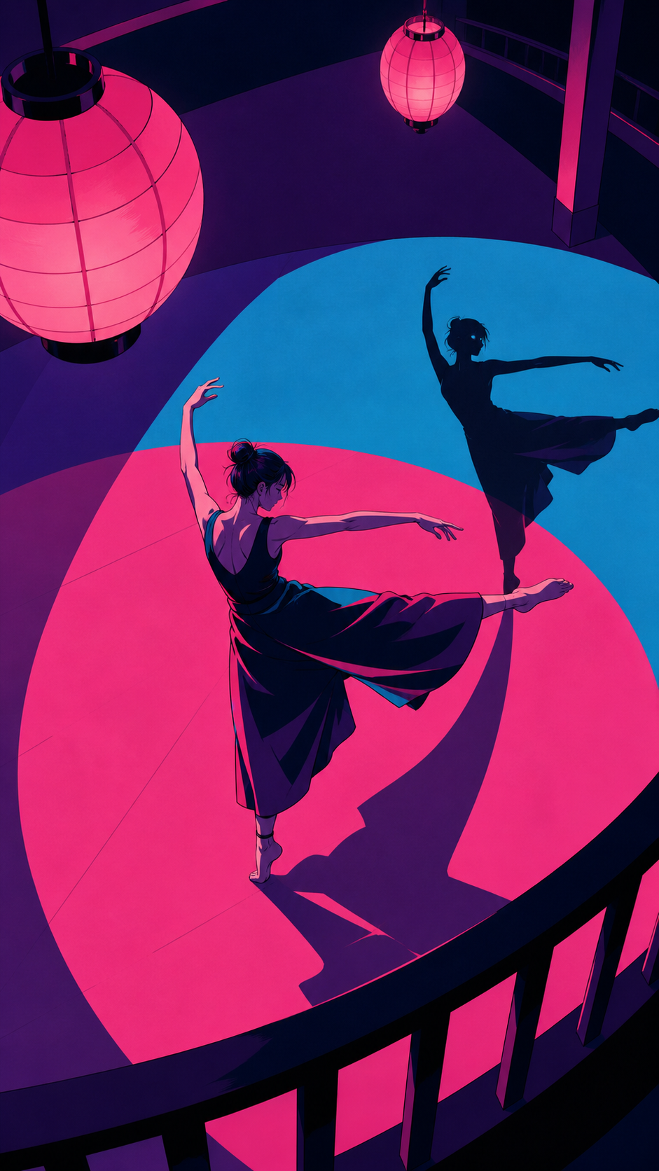 An adult contemporary dancer rehearsing with a shadow that learns the choreography late, as a simple movement transforms the space around the performers. High balcony view turning choreography into clear graphic patterns