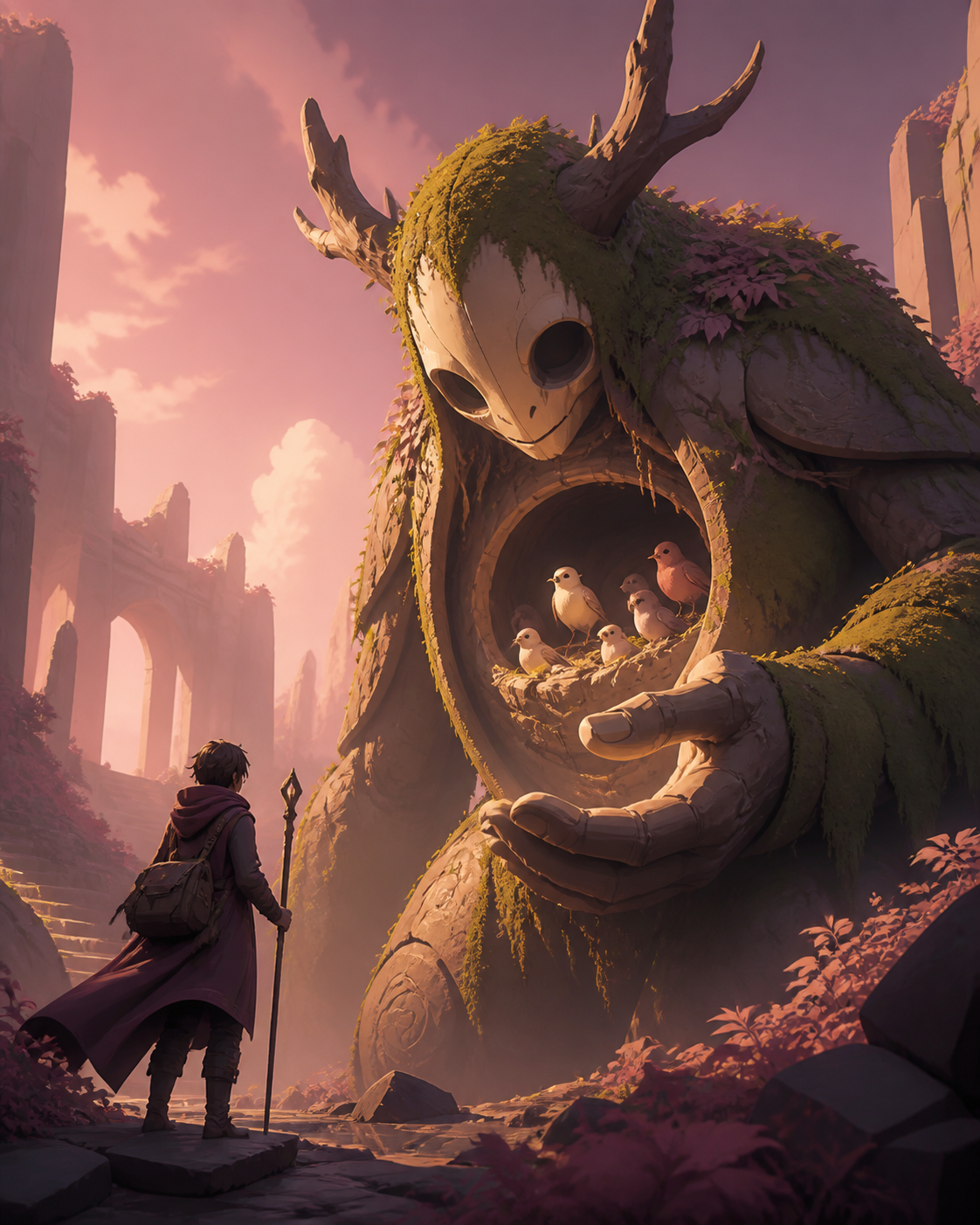 A gentle moss-covered guardian with a hollow chest full of songbirds, meeting a lone traveler without hostility for the first time. Low-angle encounter framed by terrain and atmospheric depth. Muted rose, parchment, mute